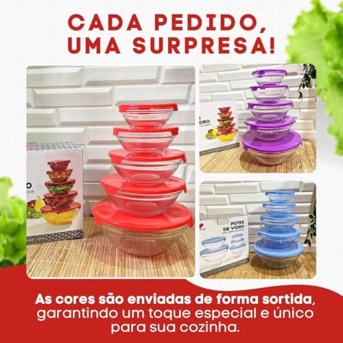 Kit Conjunto 5 Potes de Vidro Organizadores de Cozinha Tigelas de Vidro Armazenar Alimentos Saladas Frutas e Marmitas Tampa à Prova de Vazamentos Premium - Cores Sortidas