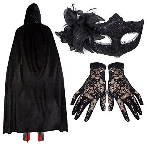 Robelli Womens Deluxe Masquerade Halloween Costume - Black Lace Mask + Cape + Gloves (Black)