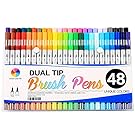Smart Color Art Dual Tip Brush Pens with Fineliner Tip 0.4 Art Markers (48 Unique Colors) Double tip Pens Set for Adult Coloring Books, Bullet Journal, Calligraphy, Drawing