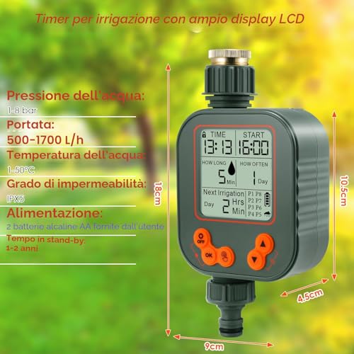 Battery Powered Irrigation Programmer, Irrigation Timer with Rain Sensor and 8 Separate Watering Modes Automatic/Manual Computer Irrigation for Garden, Lawn, Patio, Farm