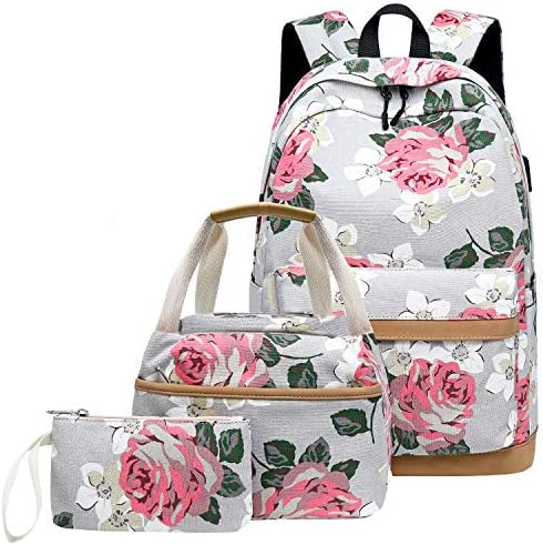 QomalayaCanvas School Backpack Teens Backpack School Bag Backpack for School Book Bag set (Floral-grey)