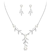 EleQueen Women's Simulated Pearl Wedding Jewelry Set, Cubic Zirconia Marquise Floral Bridal Necklace Earrings Bracelet Sets