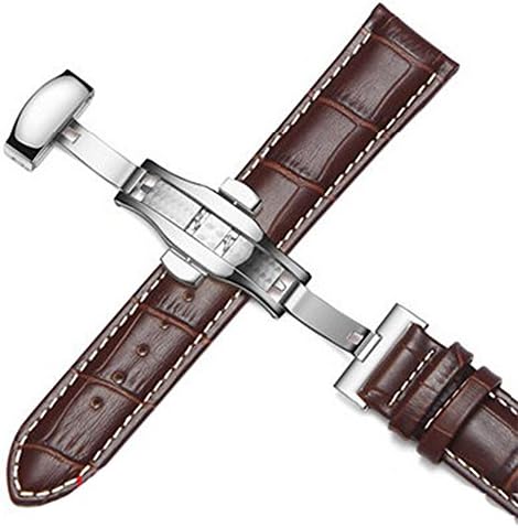 18-24mm Genuine Leather Gents Mens Silver Buckle Wrist Watch Bands Strap Replacement (23mm, Brown &amp; White Line)