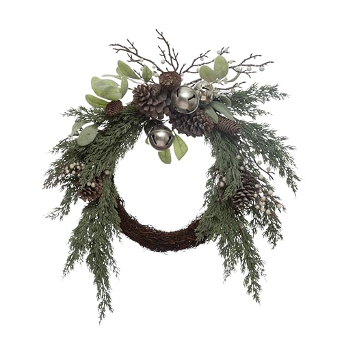 Creative Co-Op Faux Juniper and Mixed Evergreen Wreath with Silver Jingle Bells…