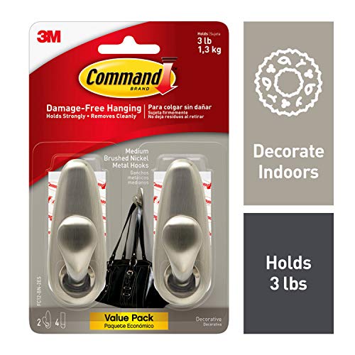 Command Brushed Nickel Forever Classic Metal Hook, Holds 3 lbs, Decorate Damage-Free, Indoor Use (FC12-BN-2ES)