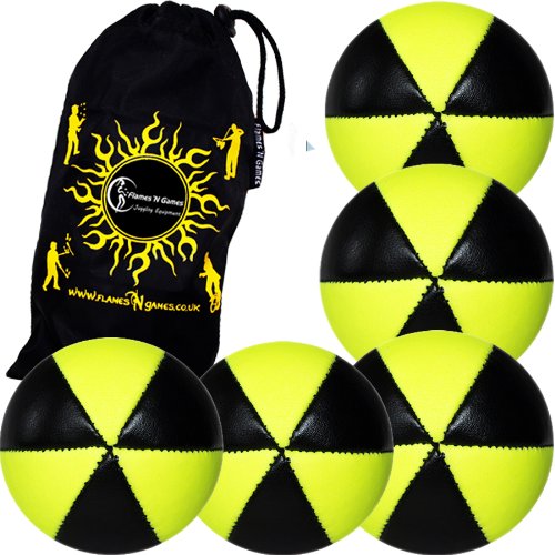 Flames 'N Games ASTRIX UV Thud Juggling Balls set of 5 Pro 6 Panel Leather Juggling Ball Set & Travel Bag! (Yellow)