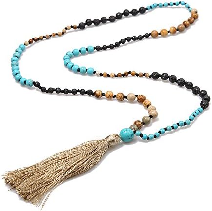Tassel Lava Rock Natural Stone Turquoise Beads Necklace Strand Long Statement Jewelry for Women