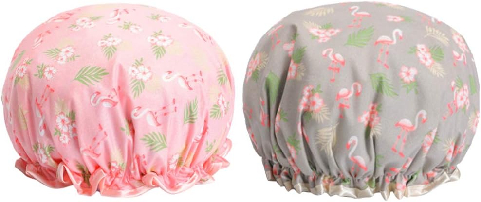 EXCEART 2pcs PEVA Shower Caps Flamingo Print Waterproof Reusable Bath Hats for