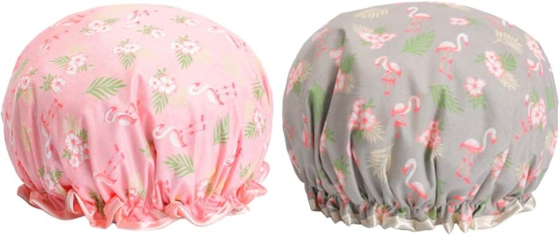 EXCEART 2pcs PEVA Shower Caps Flamingo Print Waterproof Reusable Bath Hats for