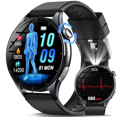 2026 New Men's Smartwatch with ECG/Blood Pressure/Sleep/Emotions/Fatigue/BMI/Temperature/Heart Rate Monitor, 1.56 Inch AMOLED Healthy Fitness Watch with LED Flashlight/Phone Function/SOS Button