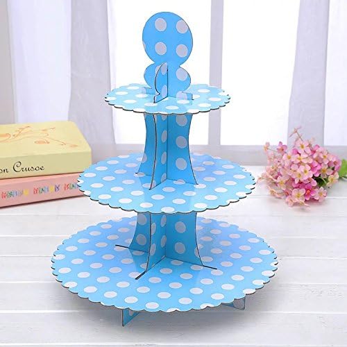 3-Tier Cardboard Party Cupcake Display Stand/Dessert Stand Cupcake Tower/Tea Party Pastry Serving Platter/Cake Tray/Folding Cake Rack for Birthday,Party,Wedding-small blue dot