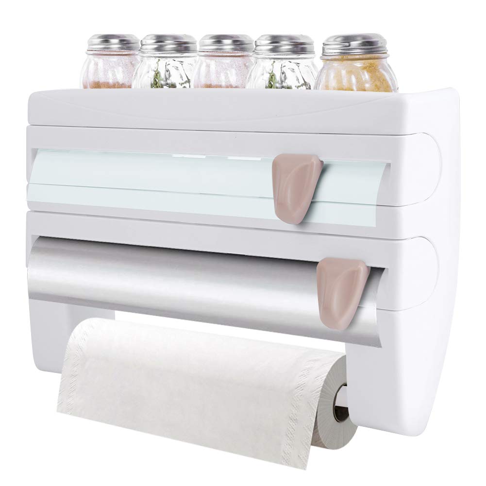 Kitchen Roll Dispenser Foil and Paper Cutter, 3 In 1 Paper Foil Roll Holder Wall Mounted Sauce Bottle Storage Rack, Multifunctional Kitchen Cling Film Dispenser and Cutter, Easy Cut 39*10* 24 cm White