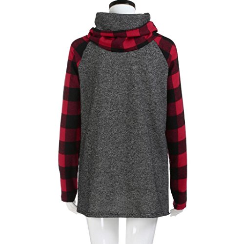 Tsmile Womens Turtleneck Cowl Neck Tops Plaid Patchwork Shirts Oversized Tunic Long Sleeve Pullover (Red, 2XL)