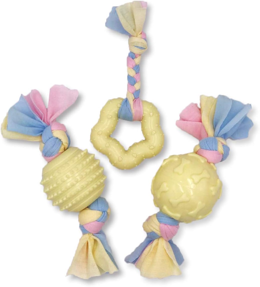 Puppy Teething Chew Toys Set,Classic Dog Toys Durable with Cotton Cloth Rope,Interactive Dog Toys for Puppies,Small and Medium Dogs (3 Pieces) Yellow