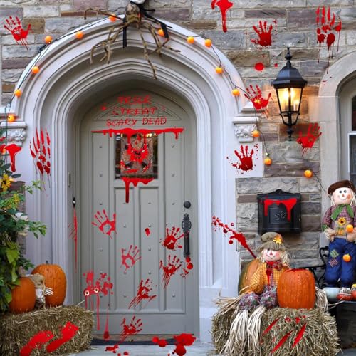 136Pcs Halloween Decorations Indoor, Scary Bloody Handprints Wall Decals Pumpkin Eyeballs Skull Window Stickers with Tattoos for Home Bedroom Floor Bathroom Door Decor (Red Handprints Footprints)