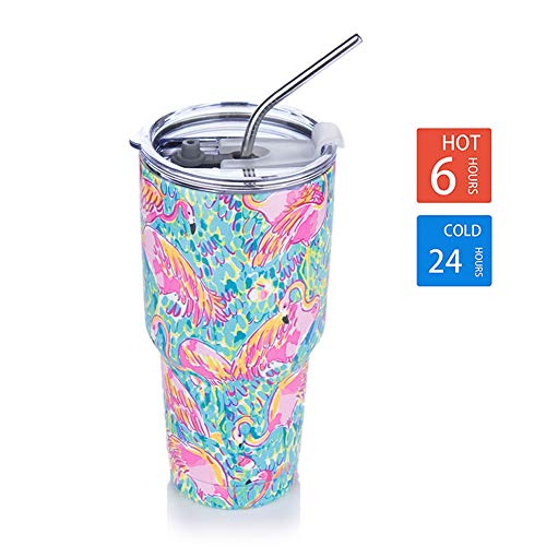 DYNAMIC SE Tumbler Double Wall Stainless Steel Vacuum Insulated Travel Mug with Splash-Proof Lid Metal Straw and Brush (Flamingo, 30oz)