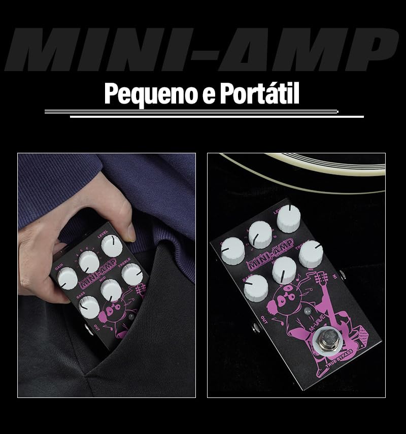 VEDO M-VAVE Pedal de efeitos MINI-AMP com simulação de pré-amplificador, 9 efeitos de amplificadores clássicos, equalizador de 3 bandas e true bypass.
