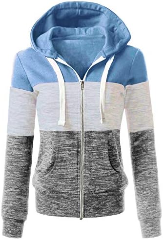 Womens Long Sleeve Zip Up Hoodie Top Color Block Basic Casual Hooded Sweatshirt