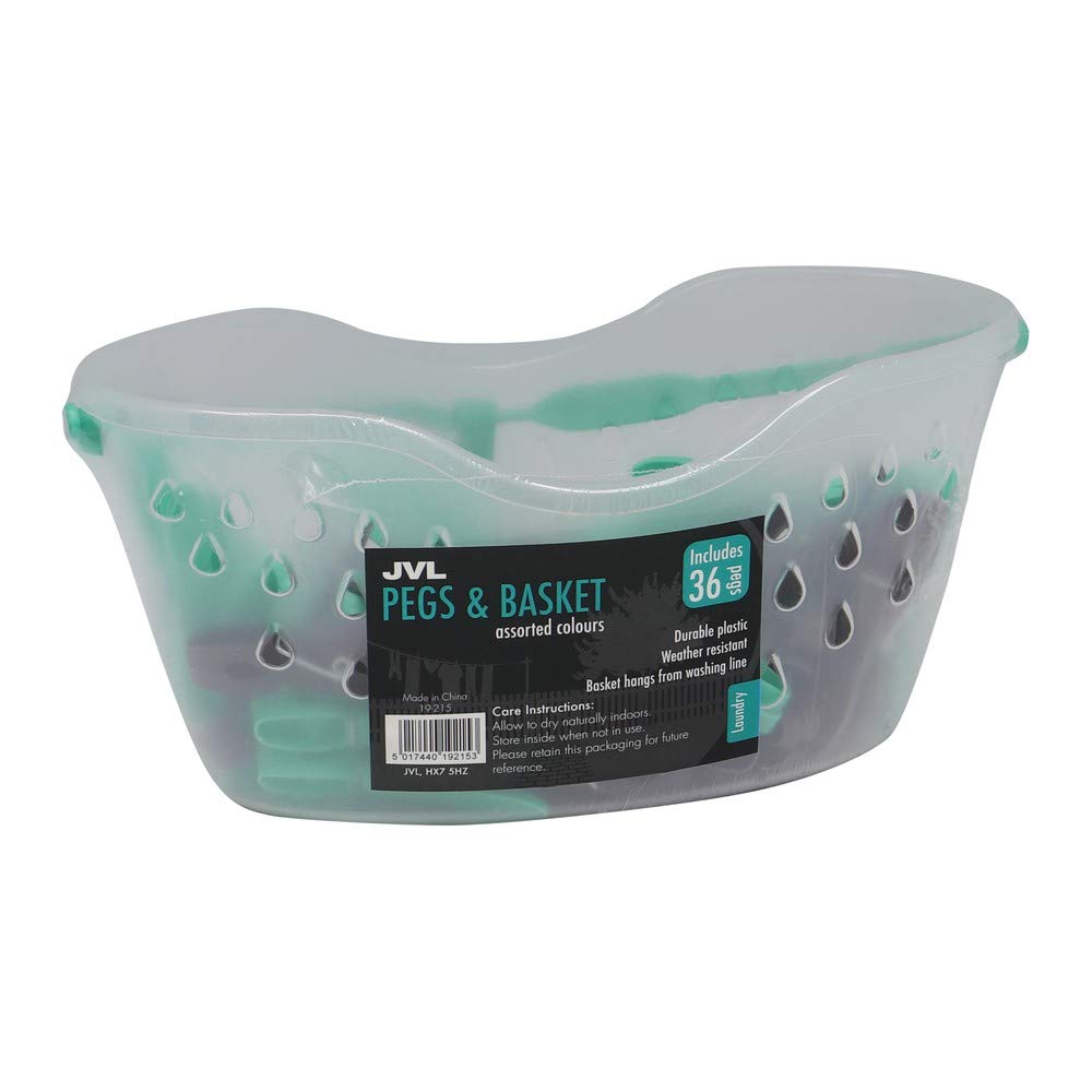 JVL Strong hanging 36 plastic clothes pegs with clear basket and hook,19-215