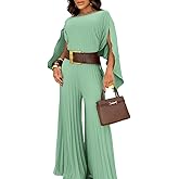 CHICME Women's 3 Piece Pleated Outfits One Shoulder Tops with High Waisted Wide Leg Pants Casual Vacation Outfit