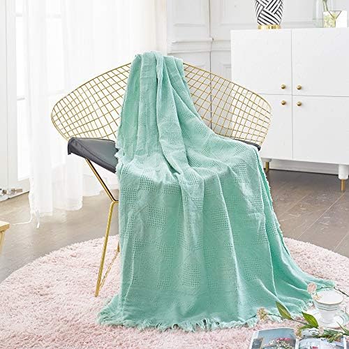 JADE HOME Soft Cotton Throw for Couch with Fringe, Lightweight Decorative Knitted Couch Throw for Sofa Throw Blanket, 50" x 60", Morocco Turquoise Blue