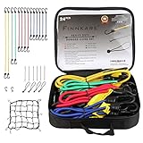 FINNKARE Premium Quality Bungee Cord Assortment in portable bag- 24 Piece Set, 100% latex bungee core, with Canopy Ties & Bonus Cargo Net and carabiner, Plastic Coated Metal Hooks
