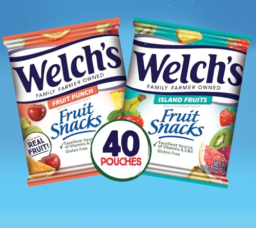 WELCH’S FRUIT SNACKS, FRUIT PUNCH & ISLAND FRUITS, INDIVIDUAL SINGLE SERVE BAGS, 0.8 OZ (PACK OF 40)