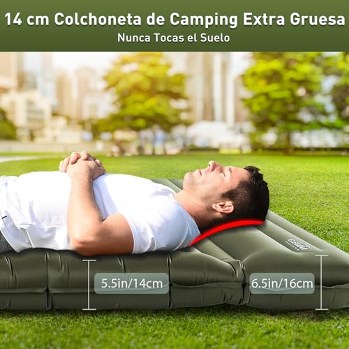 Elegear Doble Inflable Colchoneta Camping, 14CM Ultra-Thick Colchoneta Dormidos para 2 Personas con Bomba de Pie Incorporada, Colchon autohinchable para Acampar Mochileros Senderismo Tiendas, Verde