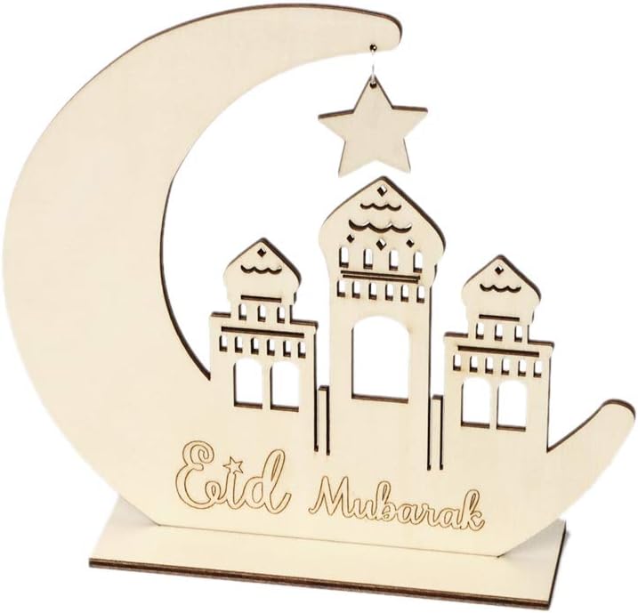 Yeptop Natural Wood Eid Mubarak Muslim Home Decoration Wooden Ornament Gifts Moon Star Building Architecture Classic Hollow Decor Festival Desk Ornaments