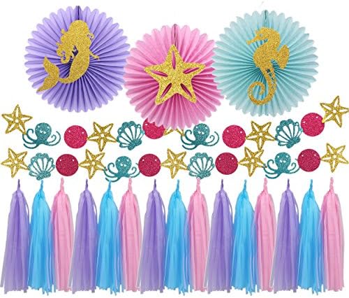 Mermaid Party Decoration Kit, Colorful Funny Paper Fans, Pink Purple & Blue Tassel Garland and Tissue Paper Tassel Undersea World Themed Party Ideas