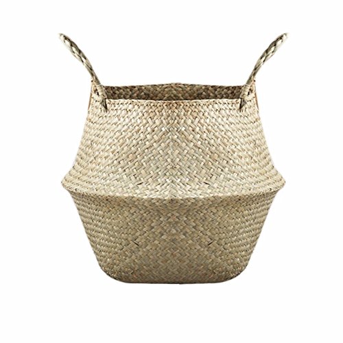 MYLE New Household Foldable Natural Seagrass Woven Storage Pot Garden Flower Vase Hanging Basket With Handle S