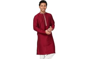 In-Sattva Men's Indian Embroidered Banded Collar and Placket Long Kurta Tunic