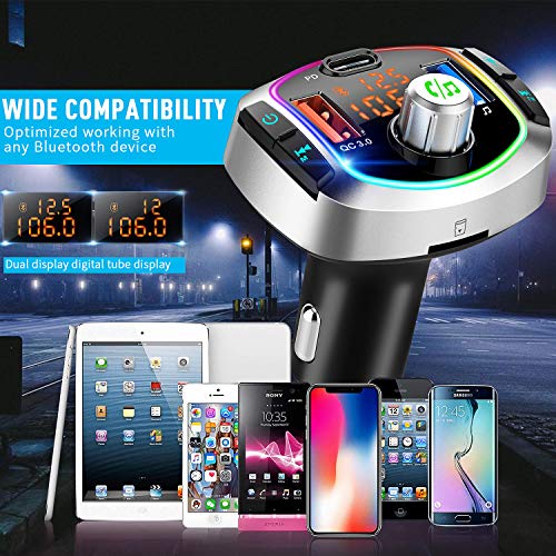 Bluetooth 5.0 FM Transmitter for Car, QC3.0+TypeC PD Fast Charge