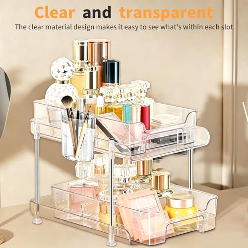 Yoawllty Under Sink Organizer, 2-Tier Bathroom Cabinet Organizer, Clear Organizers storage with Dividers and Cups, Multi-Purpose Slide-Out Storage Container for Cabinet, Fridge, Kitchen, Makeup