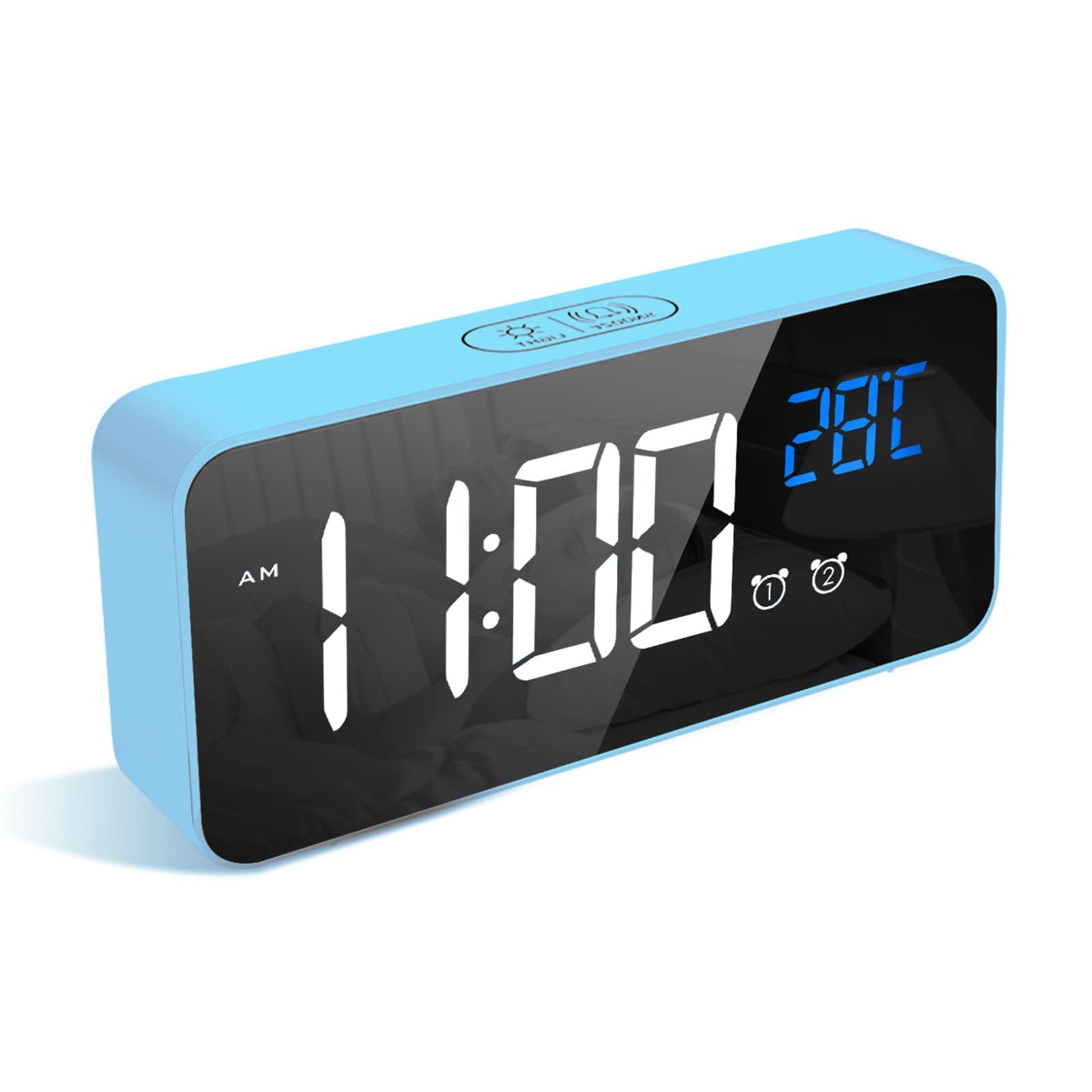 LATEC Digital Alarm Clock with Big LED Temperature Display Bedside Clock with 10 Alarm Sounds USB Charging Port 4 Levels Adjustable Brightness Dimmer Snooze Dual Alarm Blue
