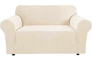 H.VERSAILTEX Stretch Couch Cover Loveseat Covers for 2 Cushion Couch Sofa Slipcover for Love Seat 1 Piece with Elastic Bottom, Checked Jacquard Fabric, Loveseat 58"-70" Wide, Cream