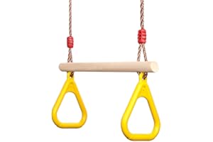 PELLOR Playground Children's Wooden Trapeze Swing Bar with Plastic Gym Rings Swing Set for Indoor & Outdoor Fun