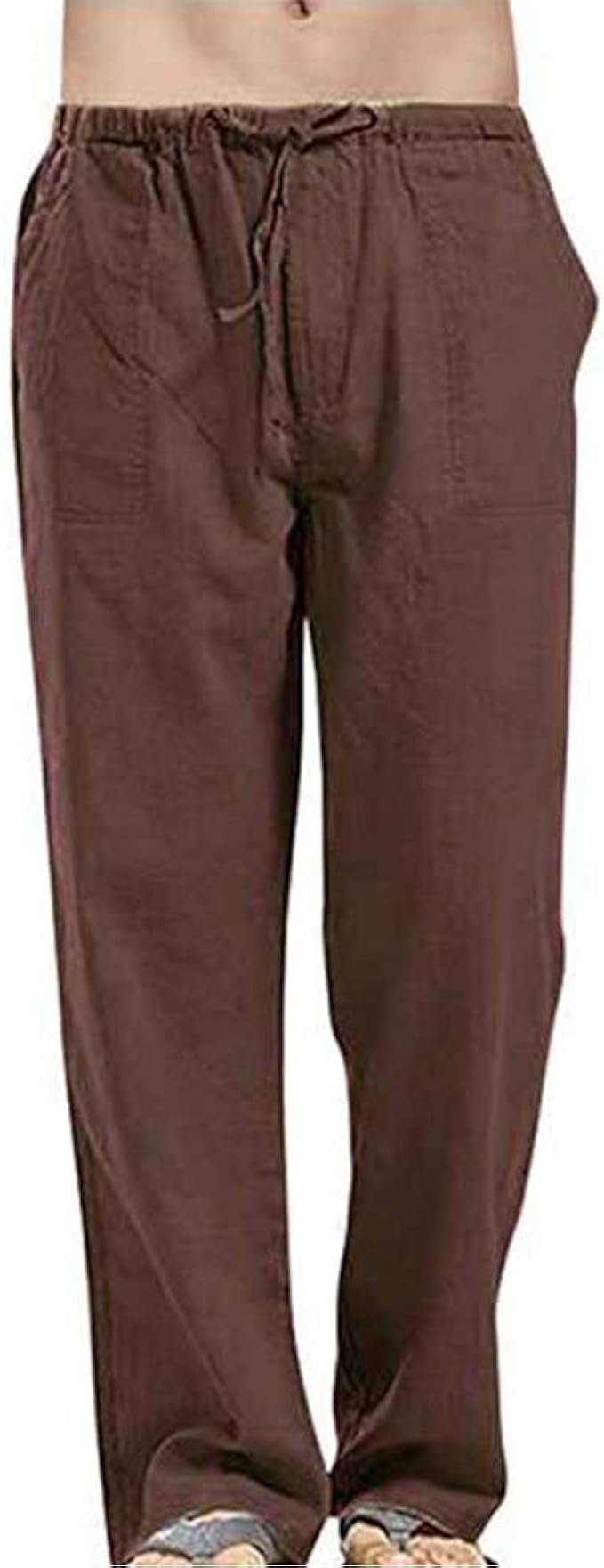 Men Solid Color Linen Trousers, Elastic Drawstring Yoga Beach Pants