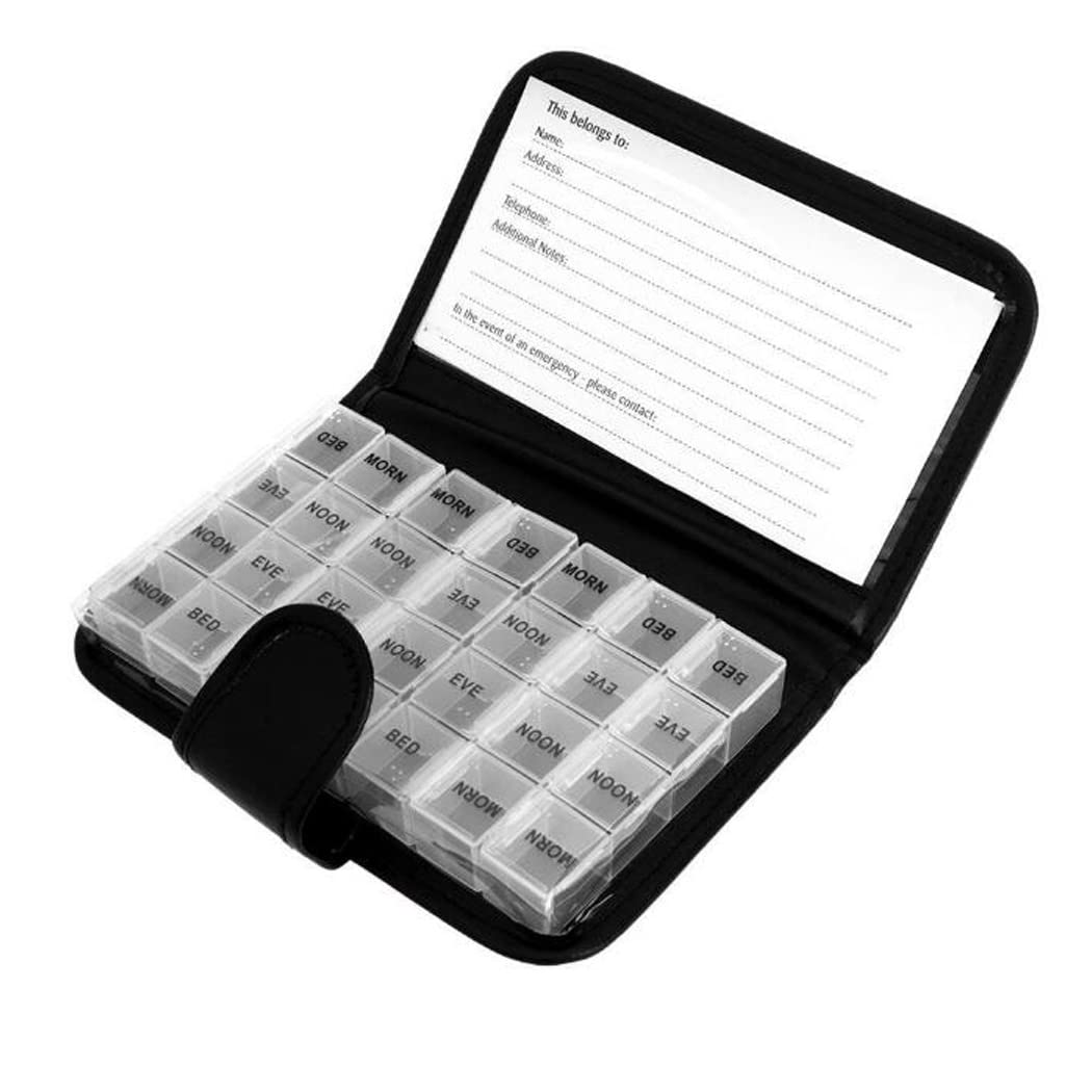 Hoshen Transparent Pill Box Storage Box, Four Reminder Pill Box a Day a Week, 28 Grid Notebook Style 7-Color Rainbow, Travel Pill Storage Box, 7.28 x 4.5 Inches