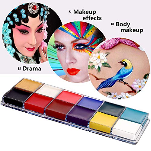 COKOAHPPY Professional Face & Body Paint Kit - 12 Vivid Color Paints (oil-based), 15 Stencils, 3 Brushes, 2 Boxes Laser Gold & Silver Chunky Glitter, 1 Palette