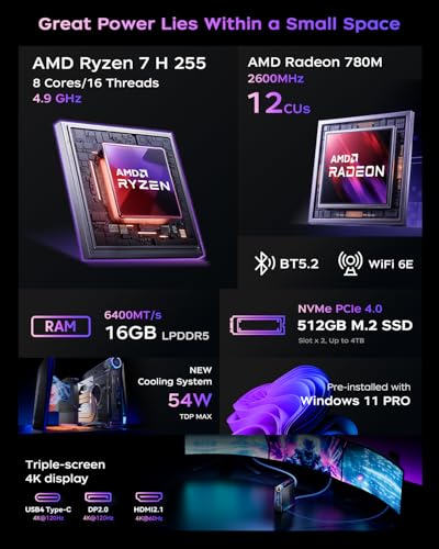 ACEMAGICIAN S3A Mini PC Windows 11 Pro, Ryzen 7 H 255(up to 4.9GHz), 16GB LPDDR5 512GB NVME PCIe4.0 SSD Computer with Radeon 780M Graphics, RGB Lights 3 Modes Small Desktop Business Home Office