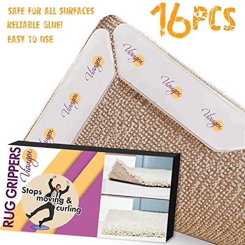 Rug Grippers 16 Pcs Area Anti Curling Rug Gripper โ Keep Rug In Place & Keep Corners Flat, Best Carpet Gripper with Renewable Carpet tape, Renewable Skid Tape for Hardwood Floors, Area Rugs and Mats