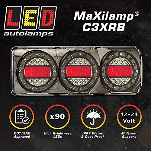 LED Autolamps Maxilamp C3XRB 14.5" Rear LED Tail Light [12v/24v] [Brake/Tail/Turn/Reflector] [DOT/SAE Certified] [90 LEDs] [IP67 Waterproof] for Truck/Trailer/Ute/Pickup/Caravan/RV/Bus/Camper