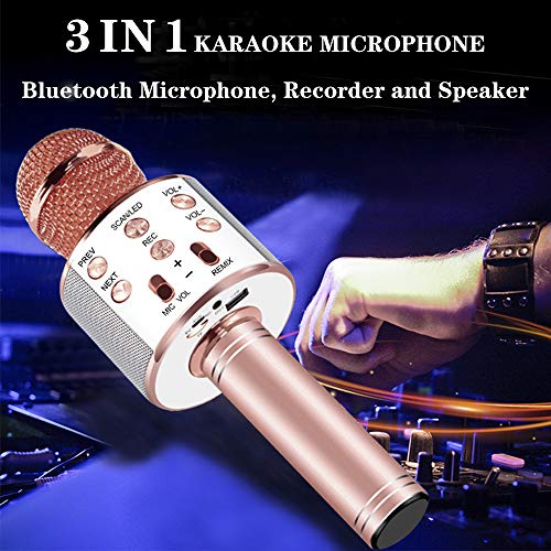 Wireless Karaoke Microphone 3 in 1 - Microphone, Recorder, Speaker, Bluetooth Karaoke Player with Multi-Color LED Lights, Compatible with Android & iOS Devices