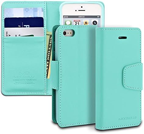iPhone SE Case, ModeBlu [Classic Diary Series] [Mint] Wallet Case ID Credit Card Cash Slots Premium Synthetic Leather [Stand View] for Apple iPhone SE, 5 &amp; 5s