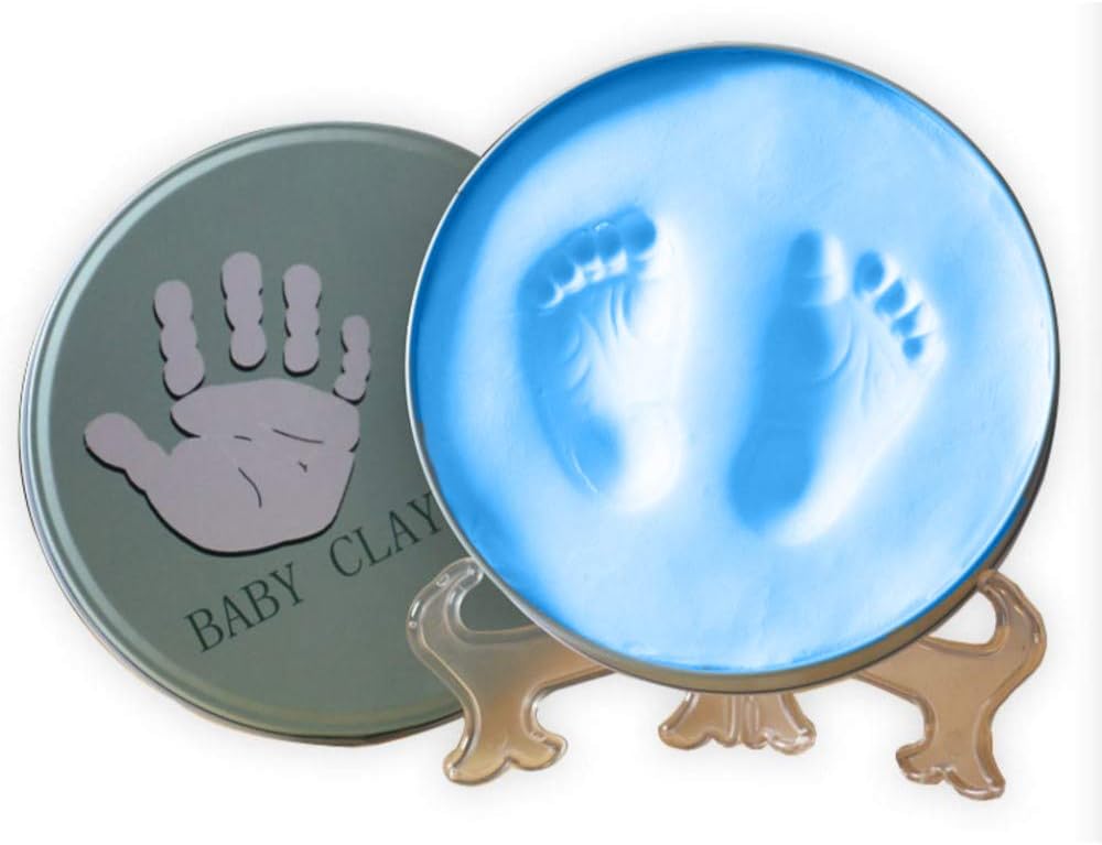 Babies Bloom Round Tin with Stand Baby's Clay Handprint and Footprint Imprint Kit (Blue) - (Decorative Items Not Included)