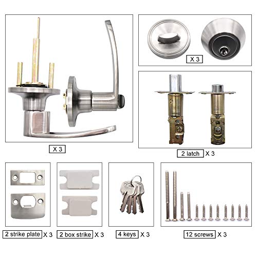 【3 Pack】Front Door Entry Lever Lock Set and Single Cylinder Deadbolt Combination Set, Satin Nickel