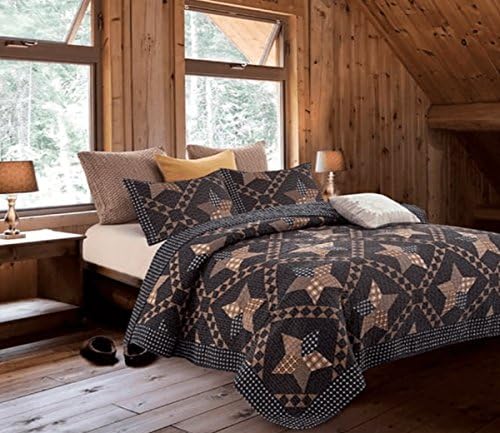 Black &amp; Brown Primitive Star Patchwork Printed 3pc King Size Quilt Set