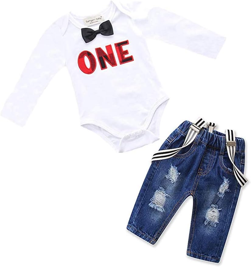 HZYBABY Toddler Boys Long Sleeves Gentleman Jumpsuit Outfits Suit +Suspenders Overalls Ripped Denim Pants