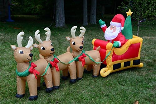 Christmas Lighted Airblown Inflatable Santa on Sleigh w. Three Reindeers 9ft Long Yard Decoration
